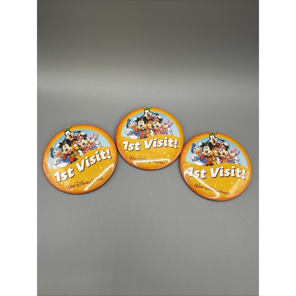 3 Walt Disney World 1st Visit Buttons Pin Mickey Minnie Donald Goofy Daisy Pluto